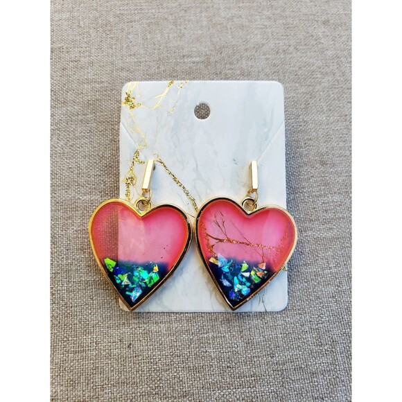 Tones Verdes Jewelry - Gold colored Art Handmade Resin Glitter Heart Earrings Tones Verdes Jewelry